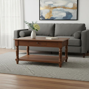 HomeRoots 33" Chestnut Solid Wood Coffee Table with Drawer & Open Shelf - Stylish Storage for Any Room 657372