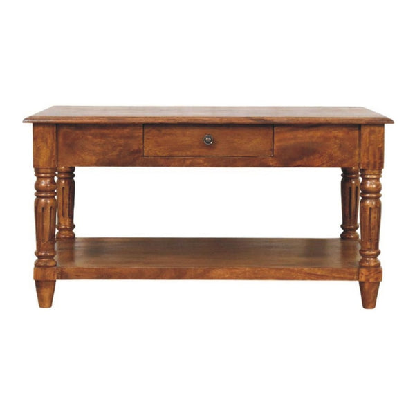 HomeRoots 33" Chestnut Solid Wood Coffee Table with Drawer & Open Shelf - Stylish Storage for Any Room 657372