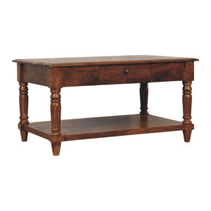 HomeRoots 33" Chestnut Solid Wood Coffee Table with Drawer & Open Shelf - Stylish Storage for Any Room 657372