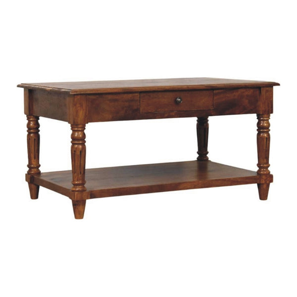 HomeRoots 33" Chestnut Solid Wood Coffee Table with Drawer & Open Shelf - Stylish Storage for Any Room 657372