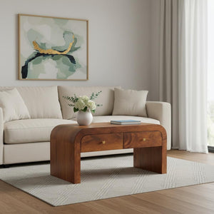 HomeRoots 32" Chestnut Solid Wood Coffee Table with Two Drawers – Elegant Storage Solution for Any Living Space 657373