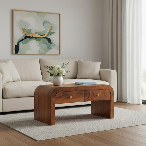 HomeRoots 32" Chestnut Solid Wood Coffee Table with Two Drawers – Elegant Storage Solution for Any Living Space 657373