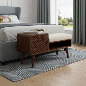 HomeRoots 35" Cream Boucle and Chestnut Wood Upholstered Bench with Storage Cabinet & Open Shelf for Organizing 657375