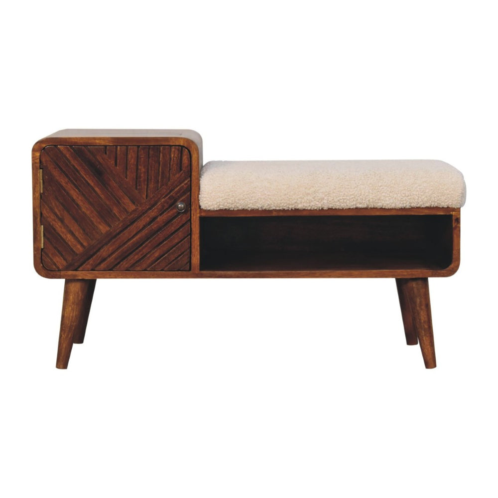 HomeRoots 35" Cream Boucle and Chestnut Wood Upholstered Bench with Storage Cabinet & Open Shelf for Organizing 657375