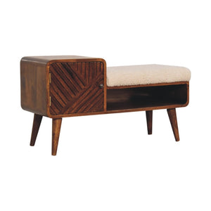 HomeRoots 35" Cream Boucle and Chestnut Wood Upholstered Bench with Storage Cabinet & Open Shelf for Organizing 657375