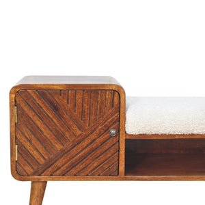 HomeRoots 35" Cream Boucle and Chestnut Wood Upholstered Bench with Storage Cabinet & Open Shelf for Organizing 657375