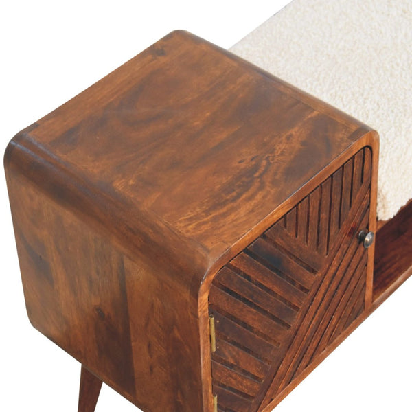 HomeRoots 35" Cream Boucle and Chestnut Wood Upholstered Bench with Storage Cabinet & Open Shelf for Organizing 657375