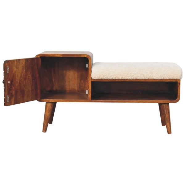 HomeRoots 35" Cream Boucle and Chestnut Wood Upholstered Bench with Storage Cabinet & Open Shelf for Organizing 657375