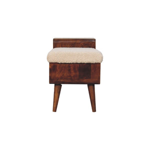 HomeRoots 35" Cream Boucle and Chestnut Wood Upholstered Bench with Storage Cabinet & Open Shelf for Organizing 657375