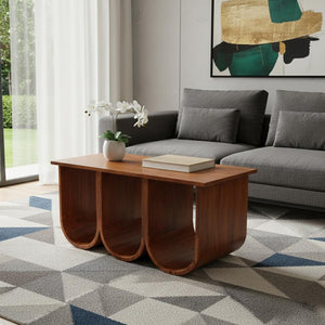 HomeRoots 32" Chestnut Solid Wood Abstract Coffee Table - Stylish 3-Tier Shelving for Modern Living Spaces 657376
