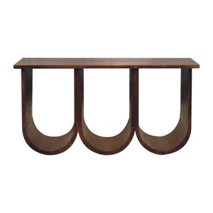 HomeRoots 32" Chestnut Solid Wood Abstract Coffee Table - Stylish 3-Tier Shelving for Modern Living Spaces 657376
