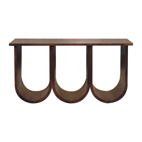 HomeRoots 32" Chestnut Solid Wood Abstract Coffee Table - Stylish 3-Tier Shelving for Modern Living Spaces 657376