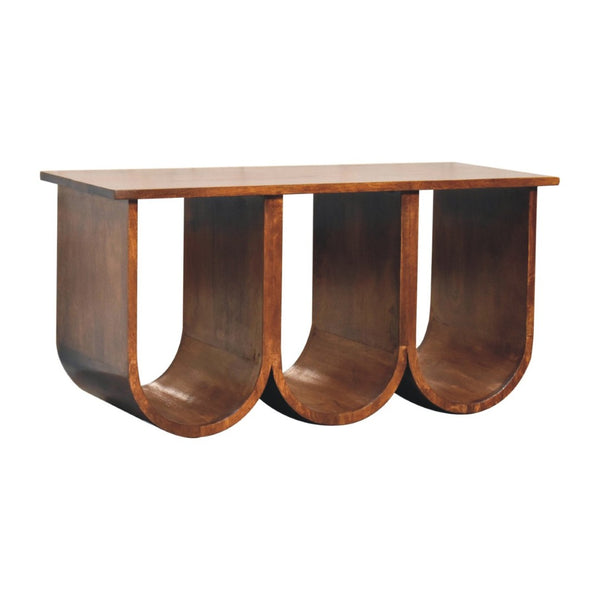 HomeRoots 32" Chestnut Solid Wood Abstract Coffee Table - Stylish 3-Tier Shelving for Modern Living Spaces 657376