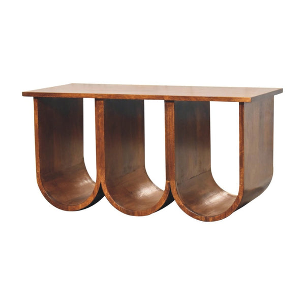 HomeRoots 32" Chestnut Solid Wood Abstract Coffee Table - Stylish 3-Tier Shelving for Modern Living Spaces 657376