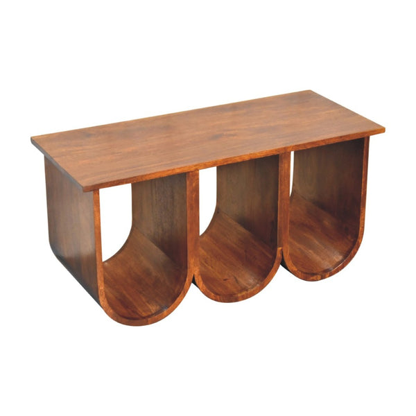 HomeRoots 32" Chestnut Solid Wood Abstract Coffee Table - Stylish 3-Tier Shelving for Modern Living Spaces 657376