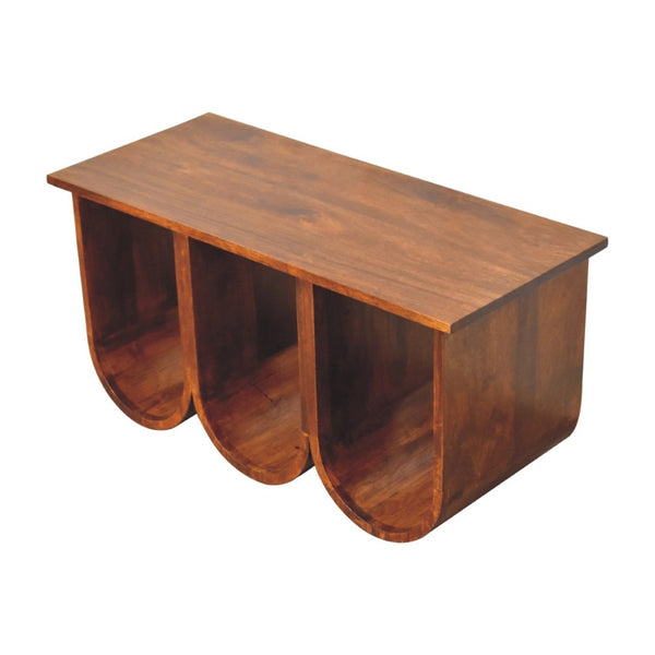 HomeRoots 32" Chestnut Solid Wood Abstract Coffee Table - Stylish 3-Tier Shelving for Modern Living Spaces 657376
