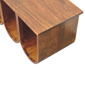 HomeRoots 32" Chestnut Solid Wood Abstract Coffee Table - Stylish 3-Tier Shelving for Modern Living Spaces 657376