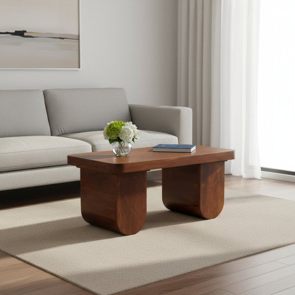 HomeRoots 32" Handcrafted Chestnut Solid Wood Double Pedestal Coffee Table – Timeless Elegance for Any Space 657377