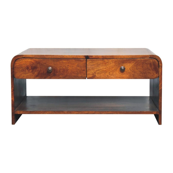 HomeRoots 34" Chestnut Solid Wood Coffee Table with Two Drawers, Elegant Storage & Stylish Design for Home 657378