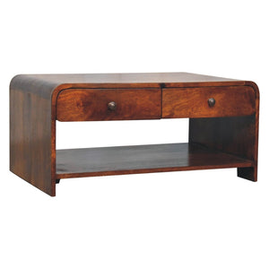 HomeRoots 34" Chestnut Solid Wood Coffee Table with Two Drawers, Elegant Storage & Stylish Design for Home 657378
