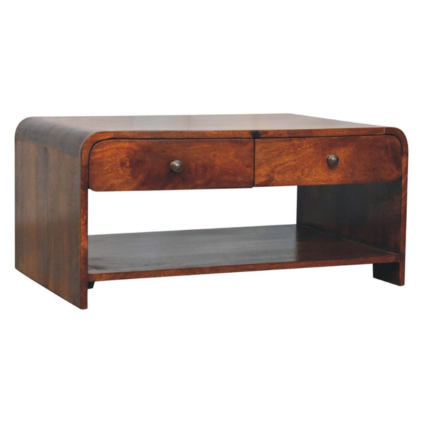 HomeRoots 34" Chestnut Solid Wood Coffee Table with Two Drawers, Elegant Storage & Stylish Design for Home 657378