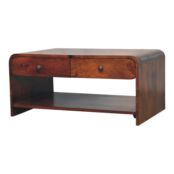HomeRoots 34" Chestnut Solid Wood Coffee Table with Two Drawers, Elegant Storage & Stylish Design for Home 657378