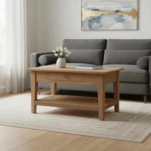HomeRoots 32" Oak Solid Wood Coffee Table with Drawer & Lower Shelf - Elegant Storage Solution for Any Space 657379