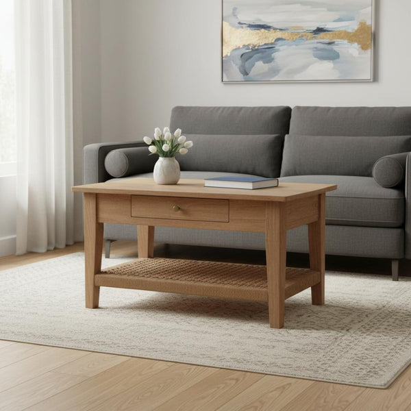 HomeRoots 32" Oak Solid Wood Coffee Table with Drawer & Lower Shelf - Elegant Storage Solution for Any Space 657379