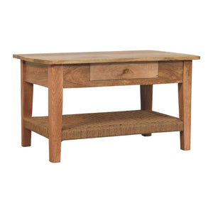 HomeRoots 32" Oak Solid Wood Coffee Table with Drawer & Lower Shelf - Elegant Storage Solution for Any Space 657379