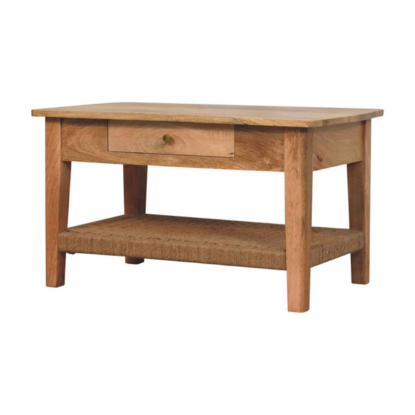 HomeRoots 32" Oak Solid Wood Coffee Table with Drawer & Lower Shelf - Elegant Storage Solution for Any Space 657379
