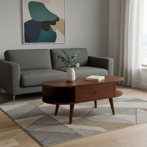 HomeRoots 43" Chestnut Solid Wood Oval Coffee Table with Drawers & Shelves for Stylish Living Room Storage 657381