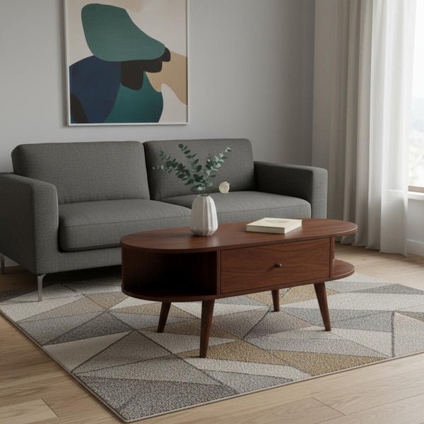 HomeRoots 43" Chestnut Solid Wood Oval Coffee Table with Drawers & Shelves for Stylish Living Room Storage 657381