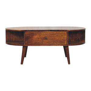 HomeRoots 43" Chestnut Solid Wood Oval Coffee Table with Drawers & Shelves for Stylish Living Room Storage 657381