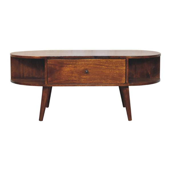 HomeRoots 43" Chestnut Solid Wood Oval Coffee Table with Drawers & Shelves for Stylish Living Room Storage 657381