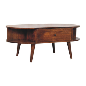 HomeRoots 43" Chestnut Solid Wood Oval Coffee Table with Drawers & Shelves for Stylish Living Room Storage 657381