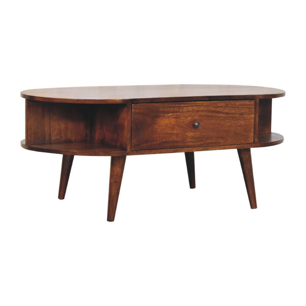 HomeRoots 43" Chestnut Solid Wood Oval Coffee Table with Drawers & Shelves for Stylish Living Room Storage 657381