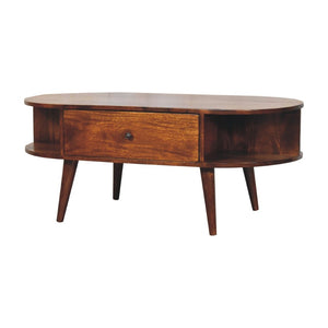 HomeRoots 43" Chestnut Solid Wood Oval Coffee Table with Drawers & Shelves for Stylish Living Room Storage 657381