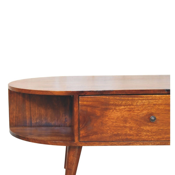 HomeRoots 43" Chestnut Solid Wood Oval Coffee Table with Drawers & Shelves for Stylish Living Room Storage 657381