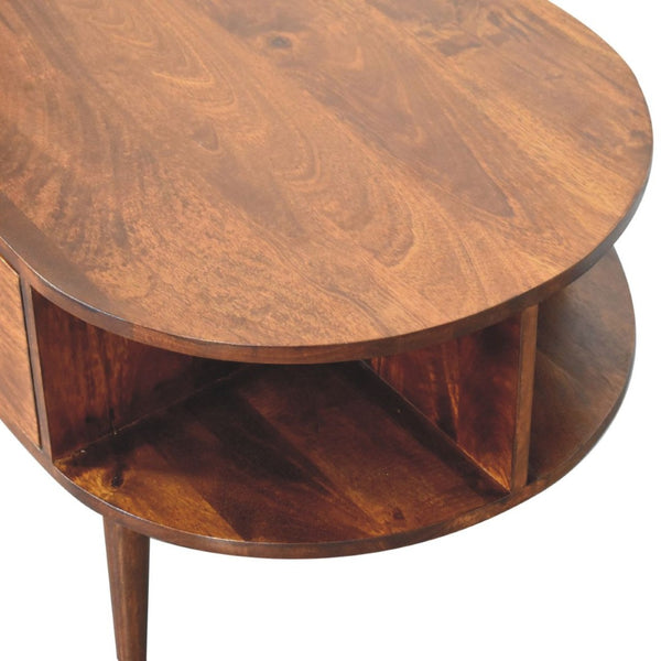 HomeRoots 43" Chestnut Solid Wood Oval Coffee Table with Drawers & Shelves for Stylish Living Room Storage 657381