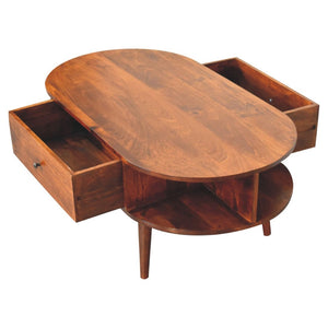 HomeRoots 43" Chestnut Solid Wood Oval Coffee Table with Drawers & Shelves for Stylish Living Room Storage 657381
