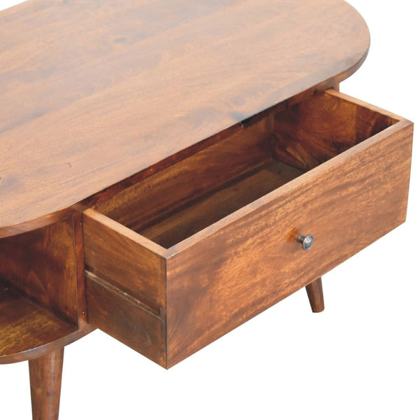 HomeRoots 43" Chestnut Solid Wood Oval Coffee Table with Drawers & Shelves for Stylish Living Room Storage 657381