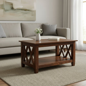 HomeRoots 32" Chestnut Solid Wood Coffee Table with Shelf - Timeless Elegance for Living Rooms & Offices 657382