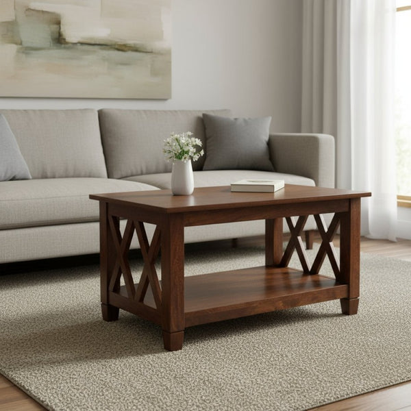 HomeRoots 32" Chestnut Solid Wood Coffee Table with Shelf - Timeless Elegance for Living Rooms & Offices 657382