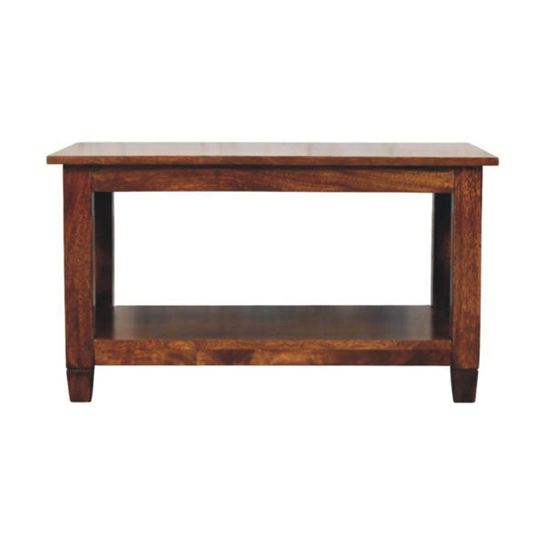 HomeRoots 32" Chestnut Solid Wood Coffee Table with Shelf - Timeless Elegance for Living Rooms & Offices 657382