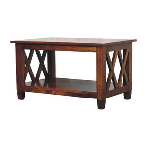 HomeRoots 32" Chestnut Solid Wood Coffee Table with Shelf - Timeless Elegance for Living Rooms & Offices 657382