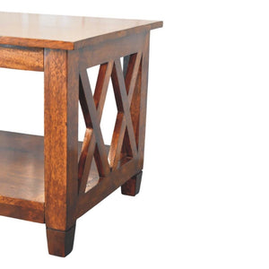 HomeRoots 32" Chestnut Solid Wood Coffee Table with Shelf - Timeless Elegance for Living Rooms & Offices 657382