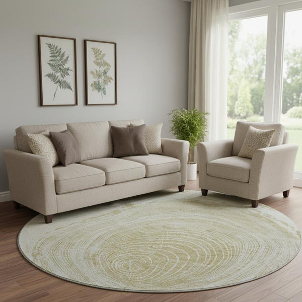 HomeRoots 8' Khaki and Beige Woodland Lodge Round Rug - Washable, Stain Resistant, UV Protected for Homes 657398