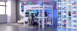 English Elm Wood Full Size Gaming Loft Bed With Desk, Led Lights, Storage Shelves & Charging Station - White N7090004022K-GIGA