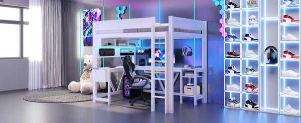English Elm Wood Full Size Gaming Loft Bed With Desk, Led Lights, Storage Shelves & Charging Station - White N7090004022K-GIGA