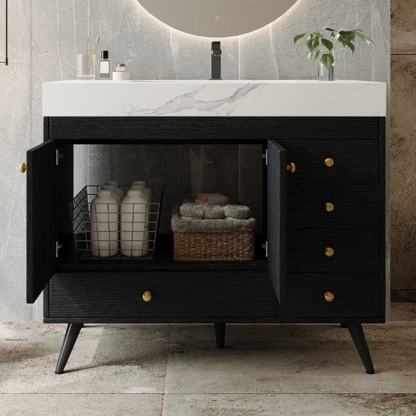 English Elm 36" Freestanding Bathroom Vanity Sintered Stone Top Ceramic Sink Stainless Steel Legs Black,Gold,White W3136S00068